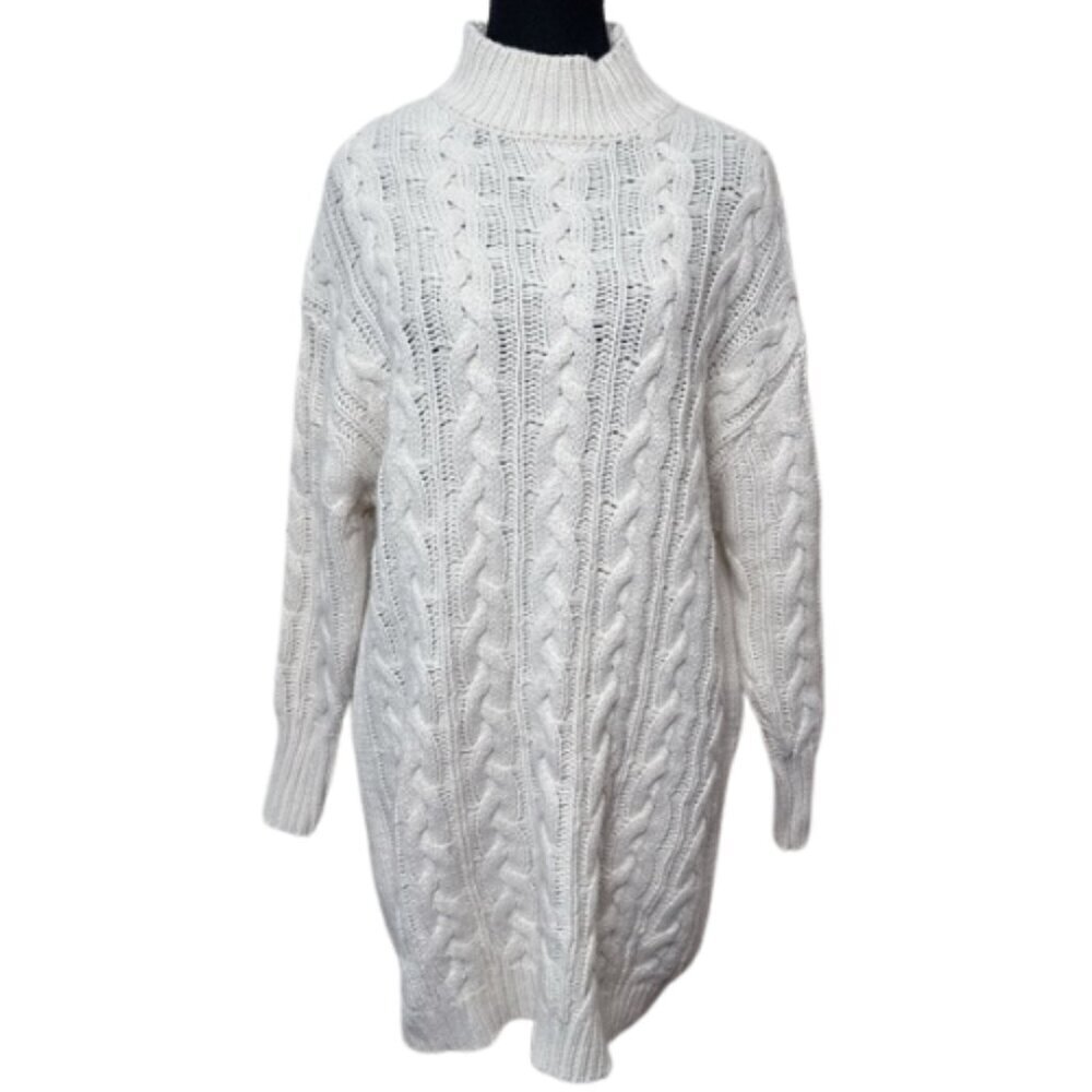 Dreamers Womens S/M Mock Neck Cable Knit Chunky Sweater Dress Ivory Color